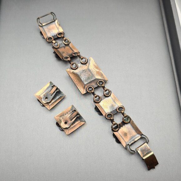 VTG Copper Square Panel 7" Bracelet & Clip On Earrings Set Oval Wave Design - Picture 5 of 7